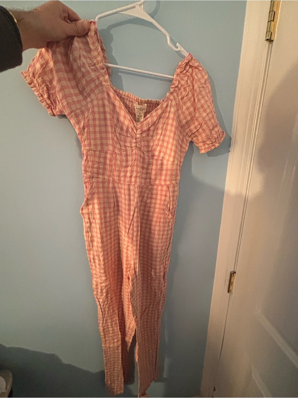 Pink Gingham Puff-Sleeve Jumpsuit Jessica Simpson size small